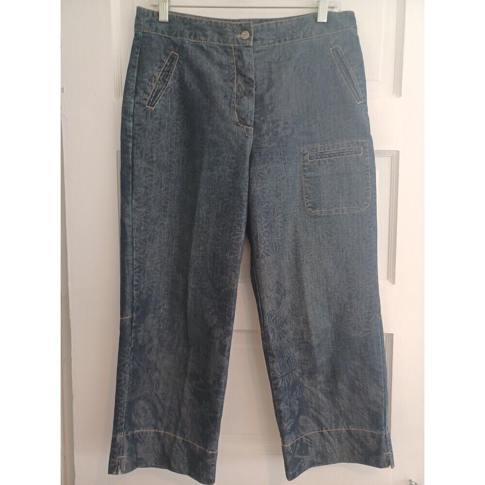 Chico's blue damask cropped cargo denim jeans sz 1/M/US8 wide leg pockets city